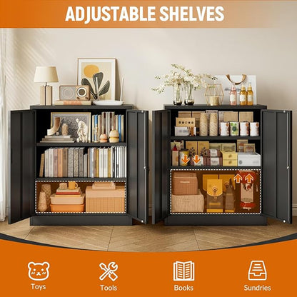 BESFUR Metal Garage Storage Cabinet with 2 Locking Doors and 2 Adjustable Shelves, 36" Black Metal Short Storage Cabinet for Home Office,Garage,School,Utility Room