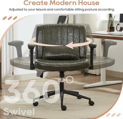 IPKIG Criss Cross Chair with Adjustable Flip-up Arms, Vanity Chair with Wheels, Comfy Desk Chair with Lumbar Pillow Swivel Wide Office Chair for Home Office, Bedroom (PU Leather, Green)