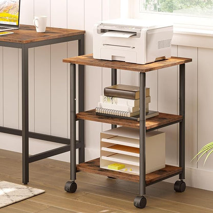 HOOBRO Printer Stand, 3-Tier Industrial Under Desk Printer Cart with Shelf, Mobile Heavy Duty Storage Rack on Wheels for Home, Office Rustic Brown and Black BF03PS01G1