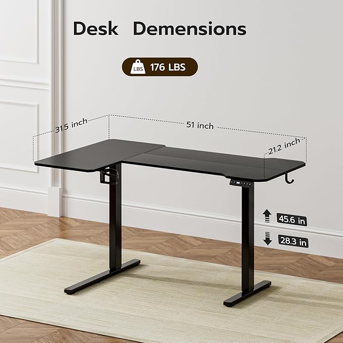 Acrolix L Shaped Electric Standing Desk - 51x31.5 Inch Reversible Corner Sit Stand Desk with Hook&Cup Holder,Electric Height Adjustable Table,for Small Home Office&Bedroom Computer Desk, Black