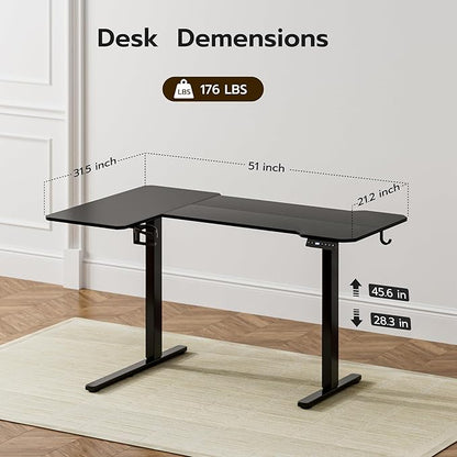 Acrolix L Shaped Electric Standing Desk - 51x31.5 Inch Reversible Corner Sit Stand Desk with Hook&Cup Holder,Electric Height Adjustable Table,for Small Home Office&Bedroom Computer Desk, Black
