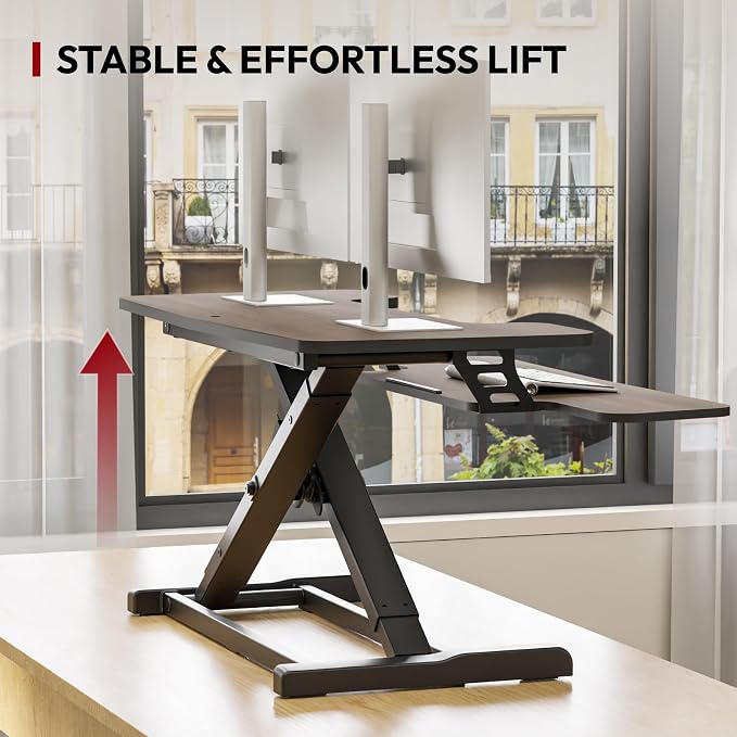 SANODESK 42" Standing Desk Converter, Large Sit-Stand Riser for Dual Monitors & Laptop, Stable Multi-Device Workstation with Keyboard Tray, Home Office Desktop Converter, Walnut