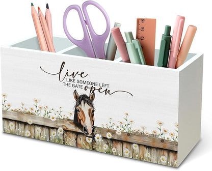 DILSJ Inspirational Horse Pen Pencil Holder Organizer for Desk, Horse Gifts for Women, Live Like Someone Left The Gate Open Wooden Box Signs for Home Office Desk Tabletop Decoration