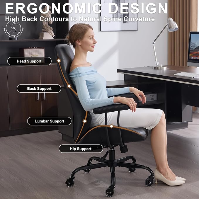 Office Chair with Rubber Wheels, Ergonomic Computer Chair 500 lbs, Leather Desk Chair with Lumbar Support, Executive Chair Adjustable Height & Recline, Black | Ergonomic, Lumbar Support, 360° Swivel & Rolling Wheels, Adjustable Height, for Adults & Women