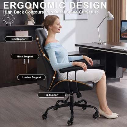 Office Chair with Rubber Wheels, Ergonomic Computer Chair 500 lbs, Leather Desk Chair with Lumbar Support, Executive Chair Adjustable Height & Recline, Black | Ergonomic, Lumbar Support, 360° Swivel & Rolling Wheels, Adjustable Height, for Adults & Women