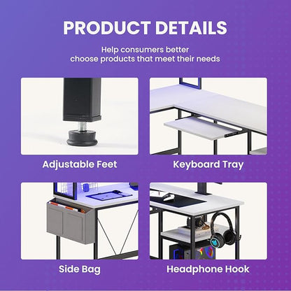 DUMOS 67" L Shaped Gaming Desk, Corner Desks for Compact Spaces with Keyboard Tray & Storage Shelf,Reversible Computer Desk with LED Lighting,Metal Frame PC Gaming Table for Home Office, White