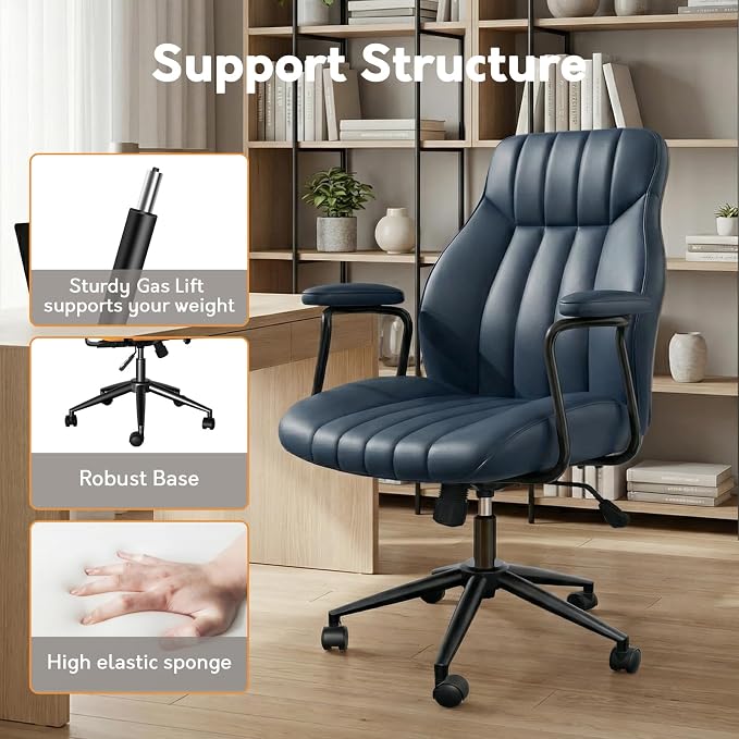 Blue Leather Office Chair, Mid Century Home Office Desk Chair | Ergonomic Curve Design, Removable Padded Arms, Height Adjustable Swivel Seat & Smooth Wheels, Vintage Mid-Back Computer Chair