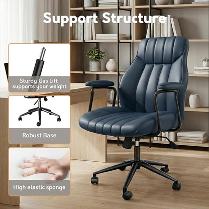 Blue Leather Office Chair, Mid Century Home Office Desk Chair | Ergonomic Curve Design, Removable Padded Arms, Height Adjustable Swivel Seat & Smooth Wheels, Vintage Mid-Back Computer Chair
