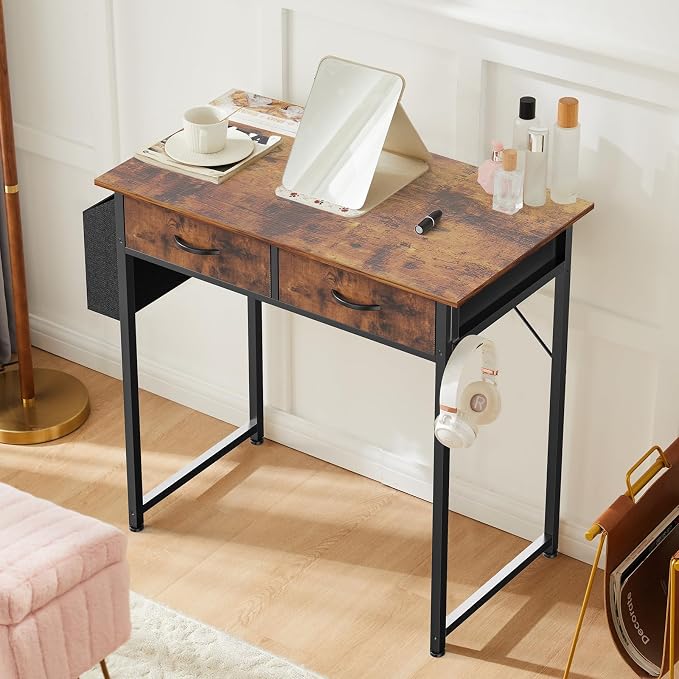 Sweetcrispy 32 Inch Small Computer Desk with Fabric Drawers for Bedroom Home Office, Writing Gaming Desks Study PC Table with Side Bag and Headphone Hook, Rustic Brown