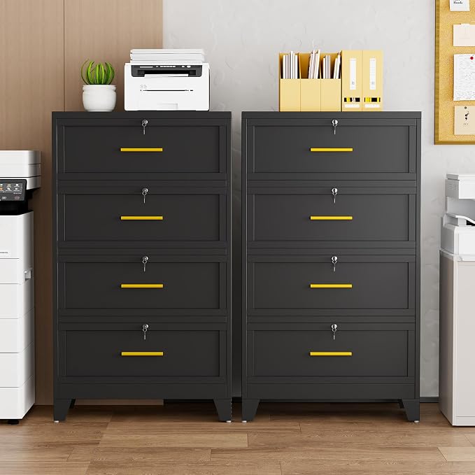 erosoei 4 Drawer File Cabinet with Lock, Metal Lateral File Cabinets for Home Office, Steel Wide Filing Organization Storage Cabinets, Home Office Furniture for Hanging Files Letter/Legal/F4/A4 Size