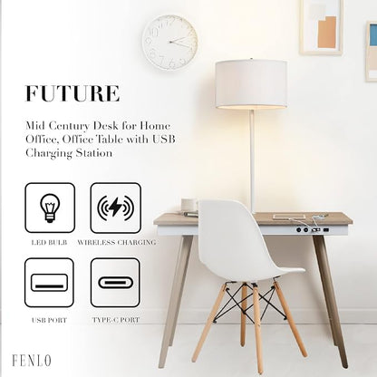 FENLO Future 39" Mid Century Desk for Home Office, Office Table with USB Charging Station, Mid Century Modern Desk with Wireless Charging, USB, and USB-C Ports