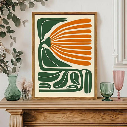 Framed Boho Floral Wall Art, Mid Century Modern Flower Canvas Wall Decor Pictures, Green and Orange Abstract Botanical Paintings Poster Prints Eclectic Home Decor for Living Room Bedroom 12x16 inch