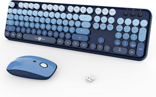 Blue Wireless Keyboard and Mouse Combo, Retro Typewriter Style Round Key Keyboard, 2.4GHz Full Size Aesthetic Bubble Keyboard with Number Pad for Long Nail PC Laptop Desktop Computer