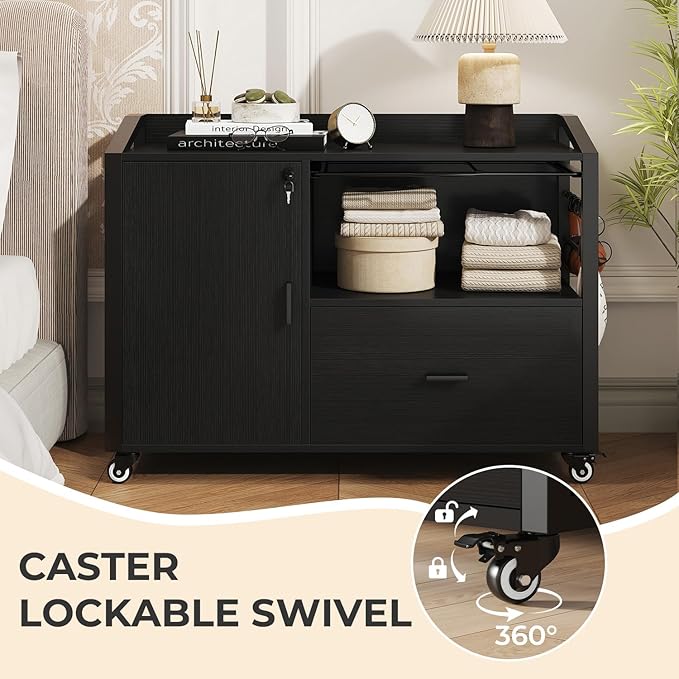 HSH File Cabinet with Wheels with Locks,Black Mobile Filing Cabinet for Legal/Letter Size, Wood Metal Printer Stand with Shelves, Wheels & Hanging File Folder for Home Office Desk, 33 in