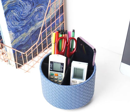 Round Leather Art Supply Organizer,Remote Control Holder,360 Degree Spinning,Multi-Functional Pencil Holder,4 Compartments Desktop Stationary Organizer(1-Weave Blue)