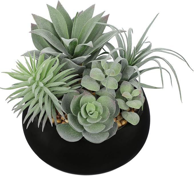 Hollyone Artificial Succulents in Pots Fake Plants Faux Succulent Flowers Arrangement Potted Plant in Vase Black Ceramic Planter Bowl Office Desk Bathroom Shelf Indoor Outdoor Home Decor(Sage Green)