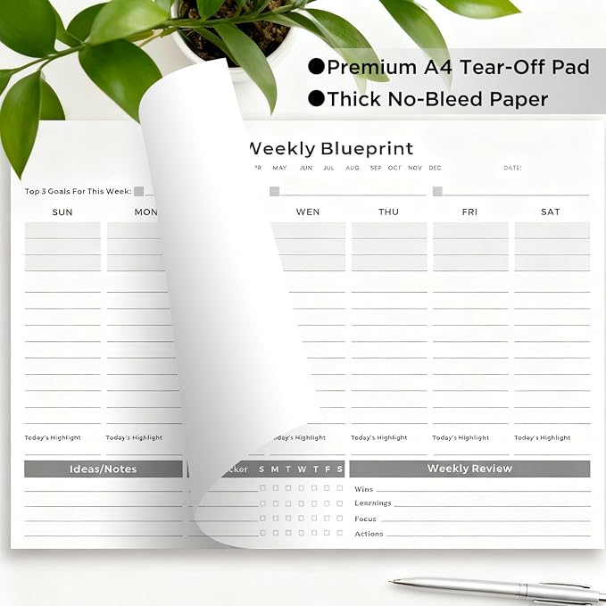 Undated Weekly Organizer & To Do List Notepad - Minimalist A4 52-Sheet Desk Planner for Work School & Family, ADHD Friendly Calendar for Deep Focus & Goal Tracking