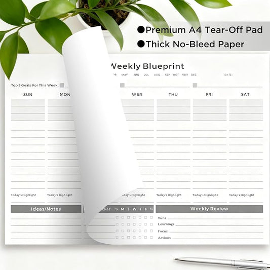 Undated Weekly Organizer & To Do List Notepad - Minimalist A4 52-Sheet Desk Planner for Work School & Family, ADHD Friendly Calendar for Deep Focus & Goal Tracking