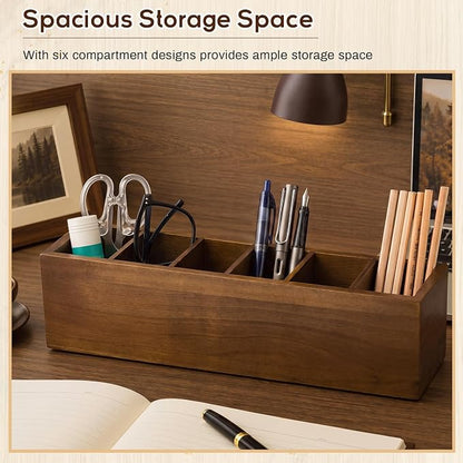 Jetec Wooden Pencil Pen Holder for Desk 6 Compartments Cosmetic Makeup Brush Stationery Office Desktop Organizers for Countertop Adjustable Silverware Caddy for Party, Home, Art Supplies(Walnut)