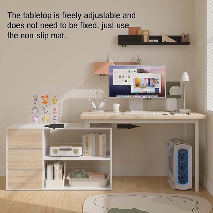 Bobve L Shaped Computer Desk, 47 Inch Home Office Desk with File Drawers & Storage Shelves, Small Corner Computer Desk for Small Space (White + Walnut)