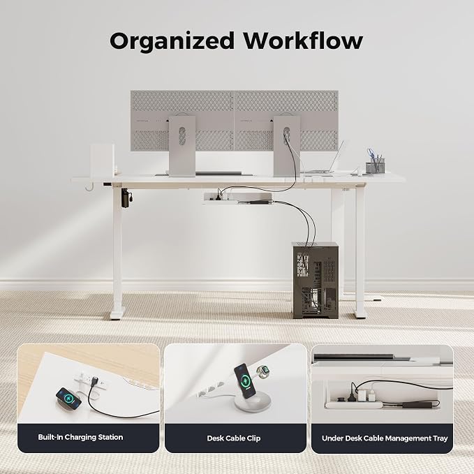 Agilestic Electric L Shaped Standing Desk 75 x 61 Inch with Power Outlet, Height Adjustable Corner Stand up Desk with Cable Management,Sit Stand Home Office Workstation with Splice Board, White
