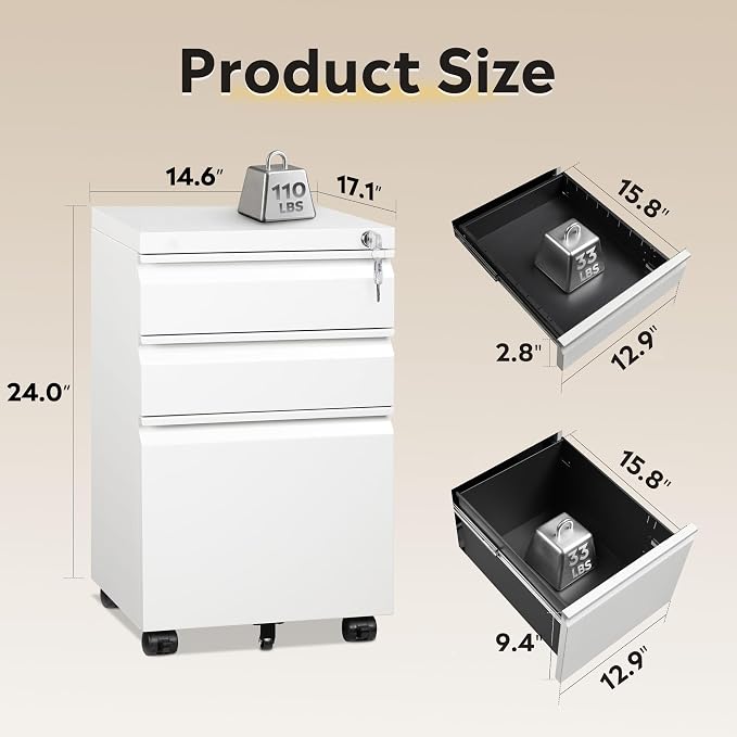 DEVAISE 3-Drawer Mobile File Cabinet (Under Office Desk), Assembled Except Casters, Fits Letter/Standard Sizes, White