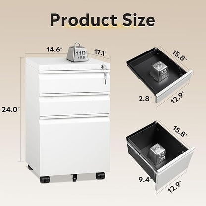 DEVAISE 3-Drawer Mobile File Cabinet (Under Office Desk), Assembled Except Casters, Fits Letter/Standard Sizes, White