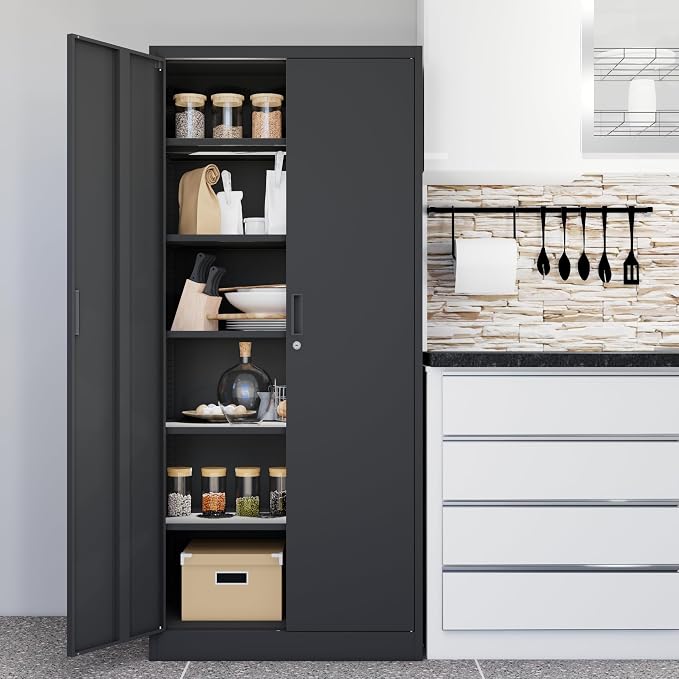 CMY Metal Storage Cabinet, 71" Locking Cabinet with 5 Adjustable Shelves, Large Steel Storage Cabinets for Garage, Home Office, Pantry -Black
