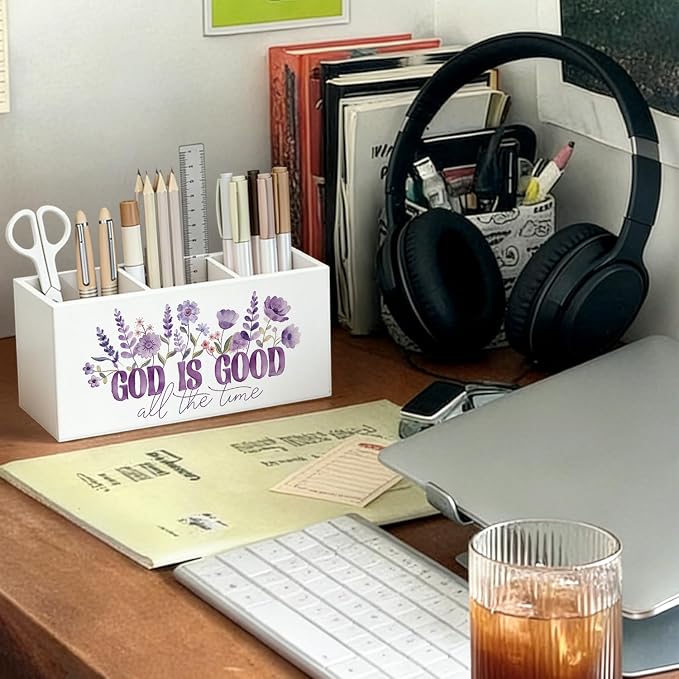 Purple Floral Christian Pen Pencil Holder for Desk, Christian Gifts for Women, God Is Good All the Time Bible Verse Religious Wooden Box Sign Decorations for Home Office Desk Tabletop
