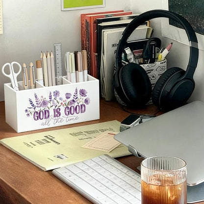 Purple Floral Christian Pen Pencil Holder for Desk, Christian Gifts for Women, God Is Good All the Time Bible Verse Religious Wooden Box Sign Decorations for Home Office Desk Tabletop