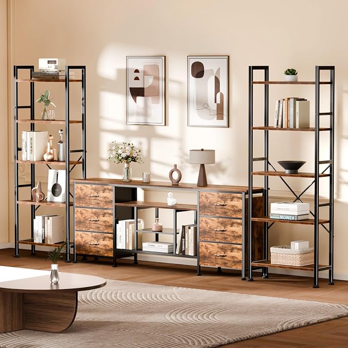 Furologee Triple Column 5 Tier Bookshelf, Large Bookcase with 14 Display Shelves, Adjustable Book Shelf with 6 Hooks, Rustic Bookshelves Storage Organizer, Shelving Unit for Living Room, Bedroom