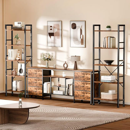 Furologee Triple Column 5 Tier Bookshelf, Large Bookcase with 14 Display Shelves, Adjustable Book Shelf with 6 Hooks, Rustic Bookshelves Storage Organizer, Shelving Unit for Living Room, Bedroom