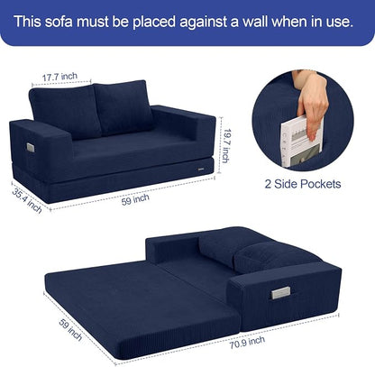 COMAX Convertible Sofa Bed Queen, Folding Fold Out Couch Bed, Floor Futon Couch Corduroy with Back Pillows, Boneless Sofa Comfy Lounge Sleeper Mattress Loveseat for Living Room Bedroom, Navy Blue