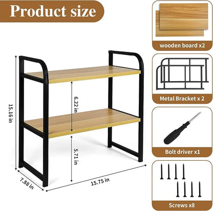Desktop Shelf Organizer Office Desk Shelf for Top of Desk Wood & Metal Bookshelf Supplies Storage Rack (Black&Walnut)
