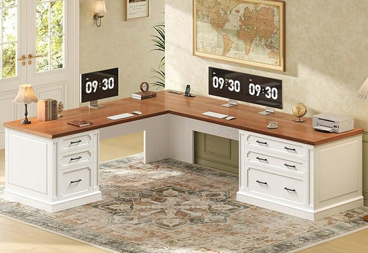 SEDETA Farmhouse 78.8" L Shaped Desk with 6 Drawers, Home Office Desk with Power Outlet, File Cabinet Storage, Wood Corner Computer Desk for Work and Study, White+Brown