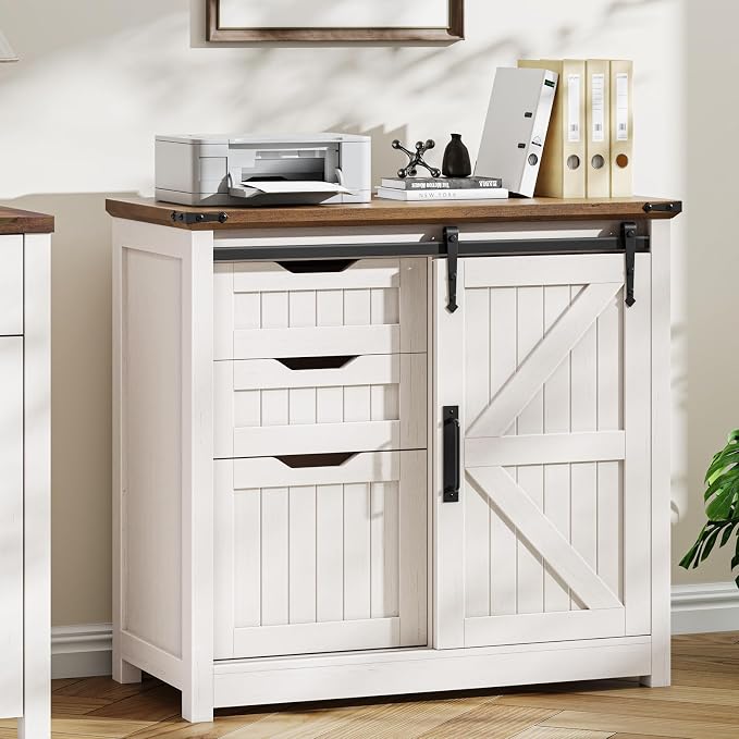 Vabches Lateral File Cabinets with Adjustable Shelf, Farmhouse Filing Cabinet for Home Office, Filing Organization Storage Cabinets with Sliding Barn Door for Hanging Files Letter/A4.