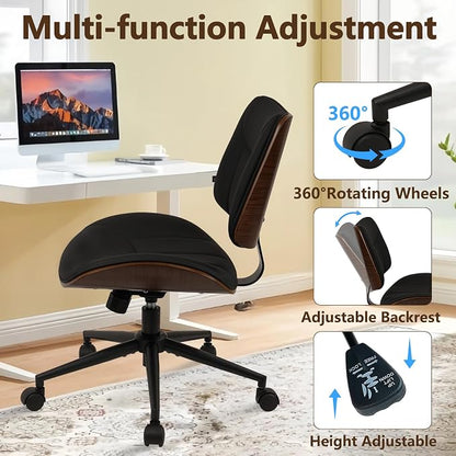 CLATINA Office Chair Armless with Wheels, Mid-Century Modern Walnut Desk Chair, Adjustable Height Reading Chair, PU Leather Mid Back & Swivel Computer Chairs for Home Meeting Room Bedroom, Black(2 PK)