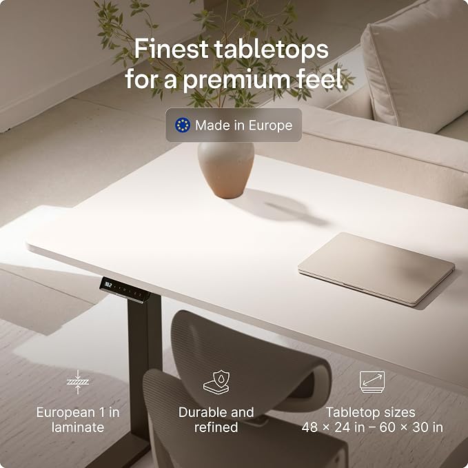 Desktronic HomeOne Standing Desk 60x30 — Ergonomic Sit Stand Home Office Desk, Made in Europe, Electric Dual Motor Height Adjustable, USB & USB-C Charging, Wobble-Free, Touchscreen, 3 Memory Presets