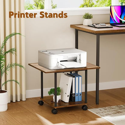 BEWISHOME 2-Tier Industrial Mobile Printer Stand, Rolling Cart with Storage Shelf, Lockable Wheels, for Home, Office (Brown) BDZ01Z