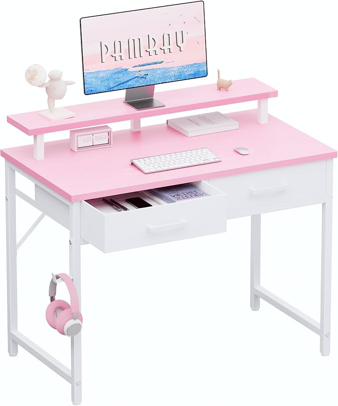 Pamray 32 Inch Small Computer Desk with Monitor Stand Home Office Desks with 2 Drawers for Bedroom Study Writing and Work Table for Small Spaces Pink