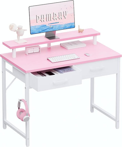 Pamray 32 Inch Small Computer Desk with Monitor Stand Home Office Desks with 2 Drawers for Bedroom Study Writing and Work Table for Small Spaces Pink