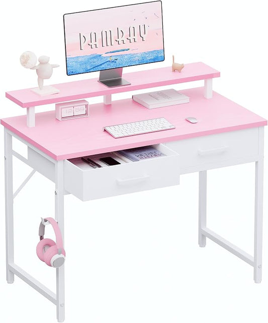 Pamray 32 Inch Small Computer Desk with Monitor Stand Home Office Desks with 2 Drawers for Bedroom Study Writing and Work Table for Small Spaces Pink
