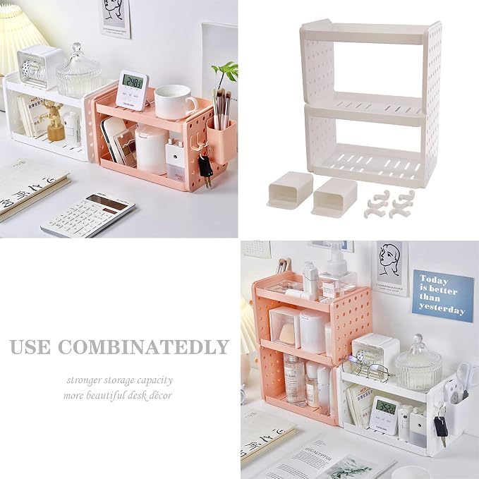 Lae Nuvole Desktop Organizer Shelf Stationery Organizer with Pen Holder Office Desktop Storage Rack Combinable Organization and Storage for Desk, Office, Countertop, Dorm (White, 2 Tier)