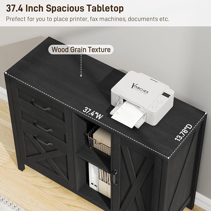 Vabches Lateral File Cabinet, Farmhouse 3 Drawer File Cabinet with Open Storage Shelf for Letter/Legal/A4 Size Hanging Files, Large Wood Storage Cabinets Printer Stand for Home Office, Black