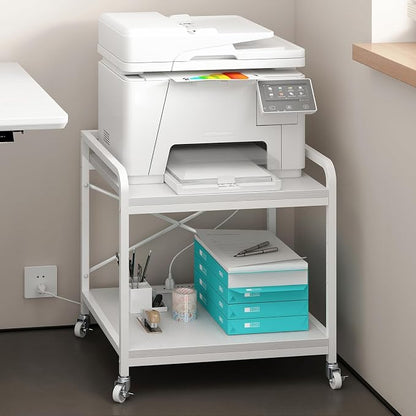 METYERRY Under Desk Printer Stand with Power Outlet,2 Tier Large Printer Table with Adjustable Shelf,Rolling Printer Cart with Industrial Wheels for Home Office,20"×20" White
