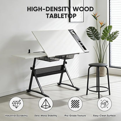 Magshion Professional Drafting Table for Adults w/Stool, Tilting Wooden Tabletop & Adjustable Height, Art Craft Desk Watercolor Paintings Sketching Work Station for Studio Home Office School (White)
