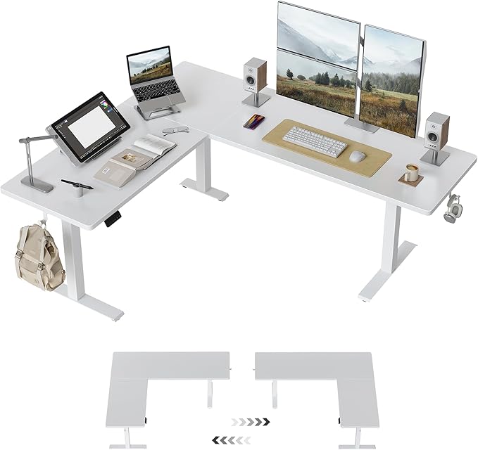 BANTI L-Shaped Standing Desk - 75 x 63 Inch Adjustable Corner Standing Desk with Charging Station - L Shape Sit Stand Table with Memory Controller, Splice Board for Home Office, White