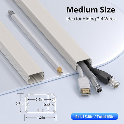ZhiYo Large Capacity Wire Hiders for TV on Wall for 2-4 Cords, 63in (4xL15.8in) PVC Cable Cover with Adhesive Tape, Snap and Lock Design for Wall Mounted TV, Beige Cord Covers for Wires on Wall