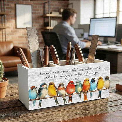 Christian Bird Pencil Pen Holder for Desk Organizer, Christian Gifts for Women Men, Religious Bible Verse Wooden Box Decorations for Home Office Bedroom Desk Tabletop Decor