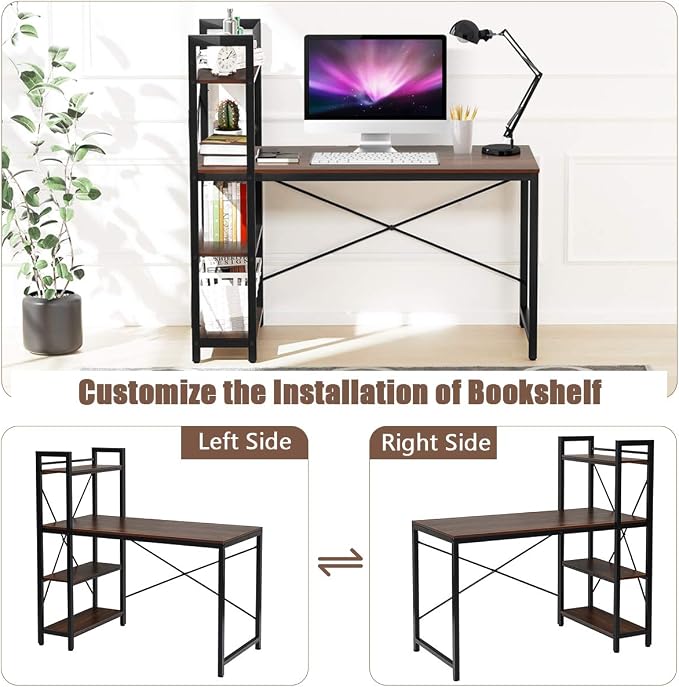 Tangkula Computer Desk with 4 Tier Shelves, Study Writing Desk with Storage Bookshelves, Modern Compact Home Office Workstation, 47.5" Tower Desk with Steel Frame & Adjustable Feet Pad, Teak